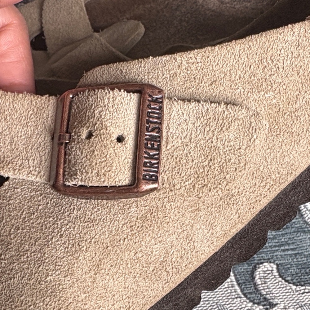 Birkenstock Suede Clog Mule in Light Tan with Bronze Buckle - Picture 2 of 5